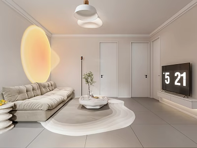 Minimalist Modern Living Dining Room Interior With Beige Sofa Round Coffee Table And Circular Lamp 3d model