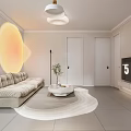 Minimalist Modern Living Dining Room Interior With Beige Sofa Round Coffee Table And Circular Lamp