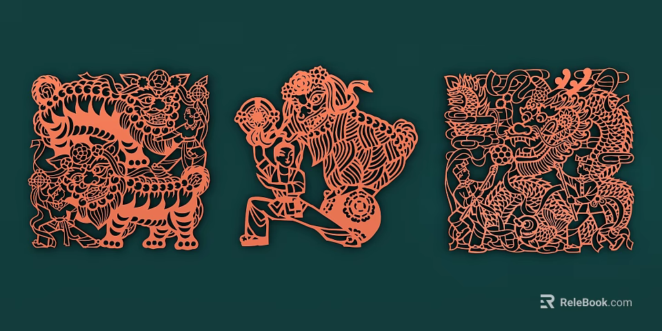 Traditional Paper Cut Wall Decor with Orange Lion Figure and Floral Patterns 3d model 