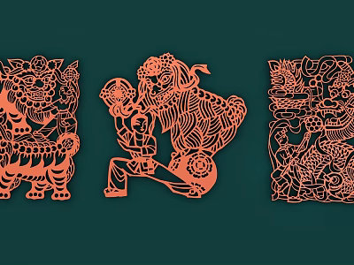 Traditional Paper Cut Wall Decor with Orange Lion Figure and Floral Patterns 3d model