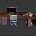 Curved Wooden Office Desk With Computer Monitor Keyboard Telephone And Potted Plant