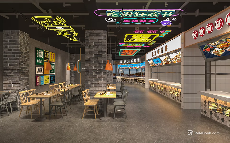 Vibrant Restaurant Interior Featuring Colorful Neon Lights Stone Walls Wooden Tables Chairs And Display Counters 3d model 