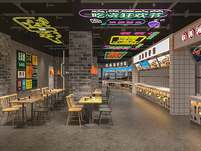 Vibrant Restaurant Interior Featuring Colorful Neon Lights Stone Walls Wooden Tables Chairs And Display Counters 3d model