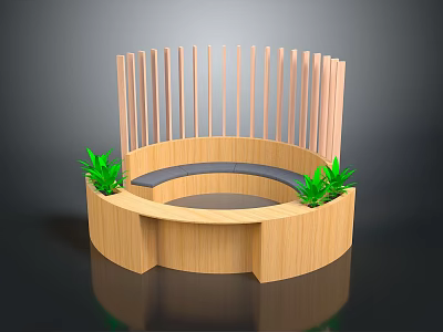 Wooden Curved Public Seating With Vertical Slats And Green Plants 3d model