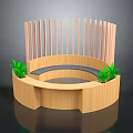 Wooden Curved Public Seating With Vertical Slats And Green Plants