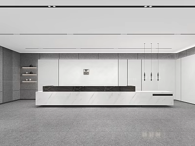 Modern Reception Area Interior Design With White Desk And Hanging Pendant Lights 3d model