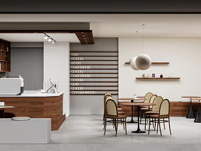 Modern Cafe Interior With Wooden Bar Counter Round Pendant Lights And Dining Tables 3d model
