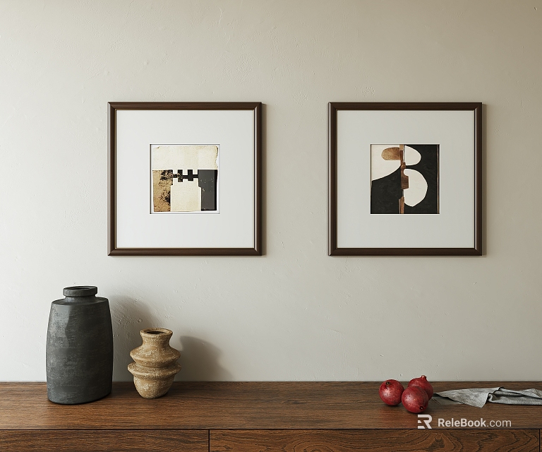 Interior Wall Decor With Framed Artworks Brown Frames And Wooden Table Vases Red Apples Newspaper 3d model 