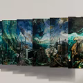 Ground Decor with Turquoise Fluid Paintings Featuring Marble Texture and Colorful Patterns Arranged in Row