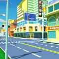 Cartoon City Scene With Tall Buildings Colorful Shops Street Lampposts And Green Plants