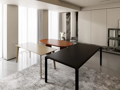 Rectangular Dining Tables Golden Brown Black In Modern Room With Windows Gray Rug White Cabinets 3d model