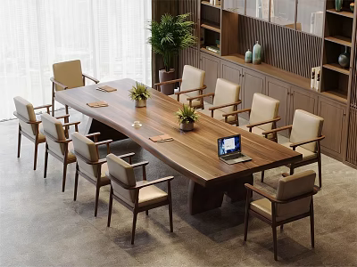 Modern Long Wooden Table With Chairs Laptop And Potted Plants In Bright Room With Bookshelves 3d model