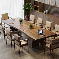 Modern Long Wooden Table With Chairs Laptop And Potted Plants In Bright Room With Bookshelves