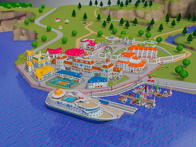 Scenic Coastal Landscape With Colorful Buildings Red Orange Roofs Blue Water Docked Boats Green Trees 3d model