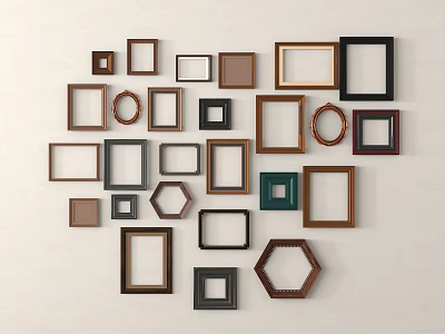 Wall Display of Various Shaped Picture Frames in Heart Arrangement with Different Colors 3d model