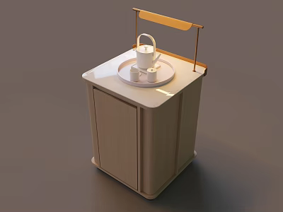 Modern Wooden Tea Table With White Countertop Teapot And Golden Stand 3d model