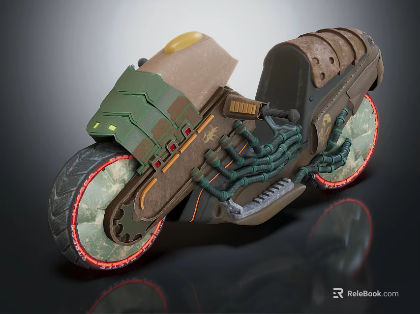 Futuristic Armored Motorcycle with Mechanical Details Green Brown Body and Red Rim Wheels 3d model 