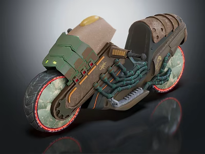Futuristic Armored Motorcycle with Mechanical Details Green Brown Body and Red Rim Wheels 3d model