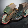 Futuristic Armored Motorcycle with Mechanical Details Green Brown Body and Red Rim Wheels