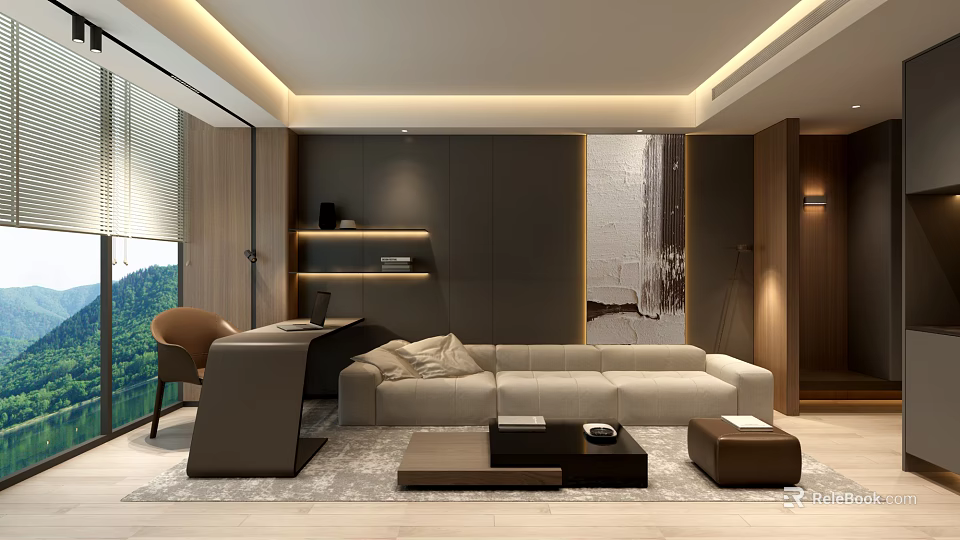 Modern Hotel Room Interior With Comfortable Sofa Wooden Furniture And Decorative Wall Art 3d model 