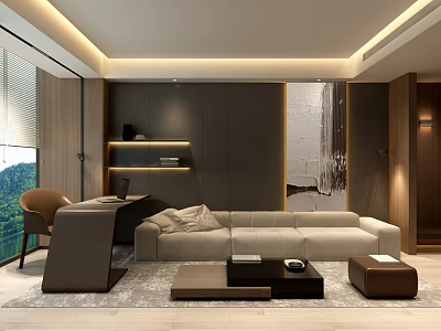 Modern Hotel Room Interior With Comfortable Sofa Wooden Furniture And Decorative Wall Art 3d model