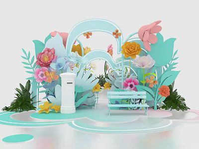 Colorful Flower Arch Photo Check In Spot With Bench Green Leaves And Decorative Plants 3d model