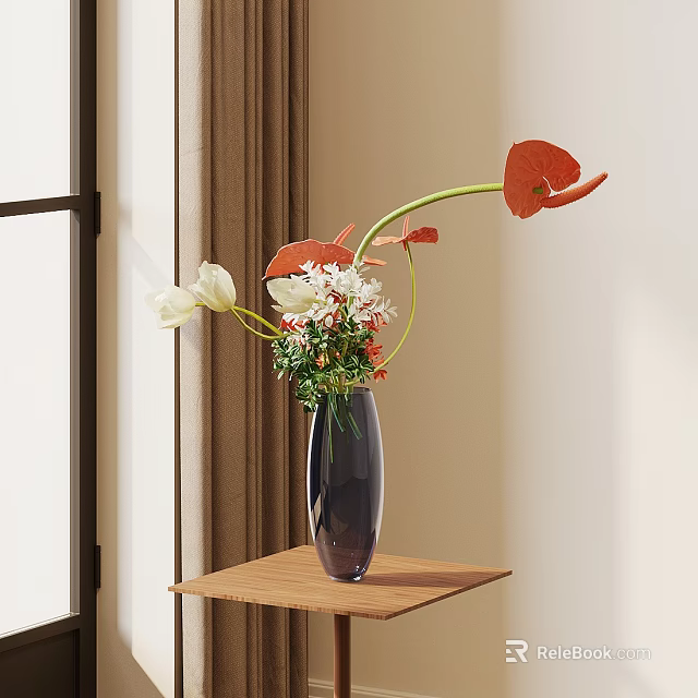 Dark Blue Vase with Red White Flowers on Wooden Table Beige Curtains Background 3d model 