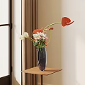 Dark Blue Vase with Red White Flowers on Wooden Table Beige Curtains Background