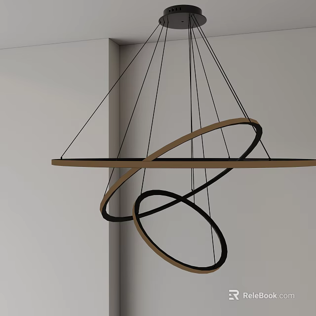 Modern Contemporary Hanging Chandelier With Wooden Frame And Black Circular Rings In Interior Space 3d model 