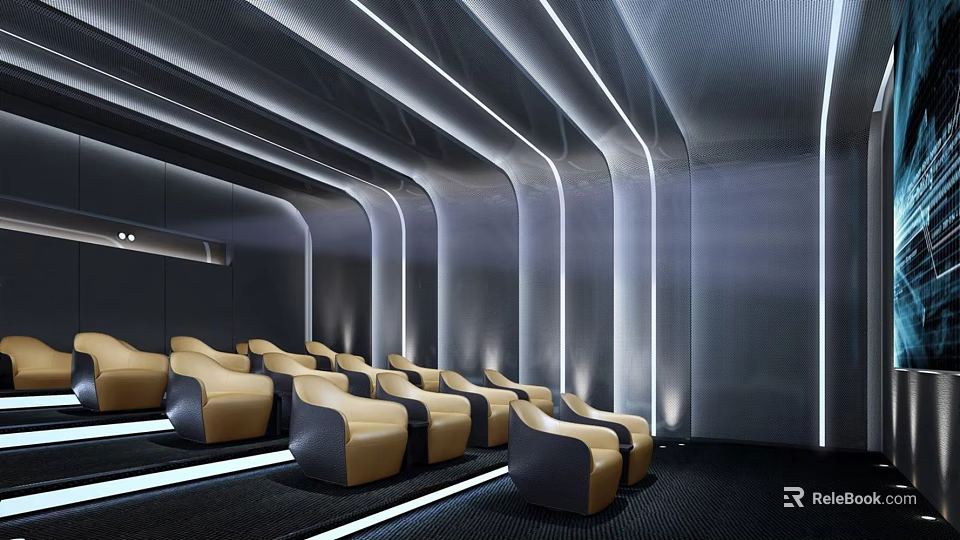 Elegant Modern Cinema Interior Featuring Comfortable Seats And Curved Lighting Design 3d model
