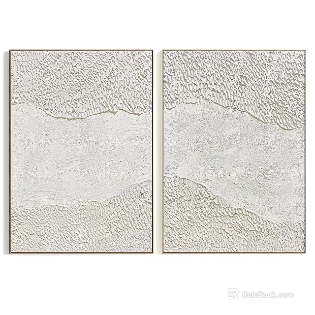 Two Piece Framed Abstract Painting With Textured Wavy Relief In Neutral Tones 3d model 