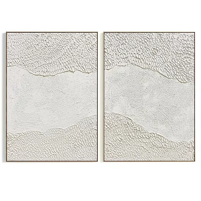 Two Piece Framed Abstract Painting With Textured Wavy Relief In Neutral Tones 3d model