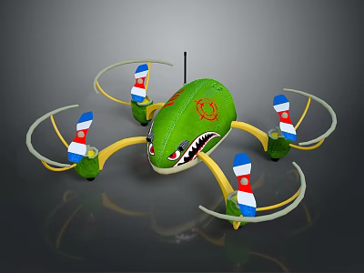 Green Multirotor Drone Featuring Cartoon Shark Head And Protective Propeller Rings 3d model