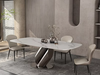 Modern Dining Table Set With White Marble Top Unique Metal Base And Four Light Colored Chairs 3d model