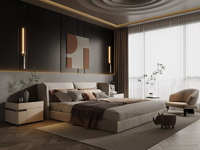 Modern Bedroom Interior Design With Stylish Bed Artwork Nightstand Rug And Plants 3d model