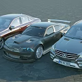 Three Stylish Sedans In Red Black Gray Colors Parked On Stone Pavement Surface