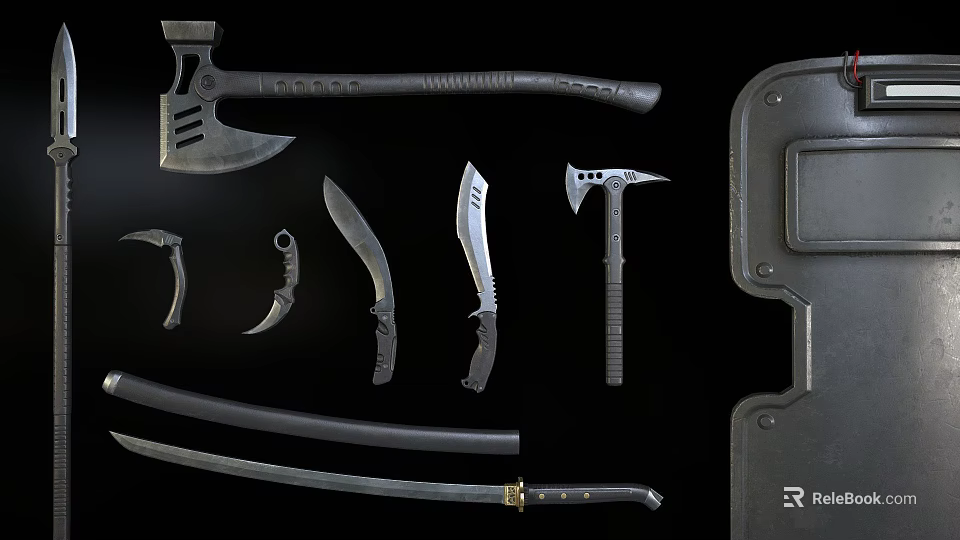 Weapons Set Including Axes Knives Sword Dagger With Tactical Design And Sheath 3d model 