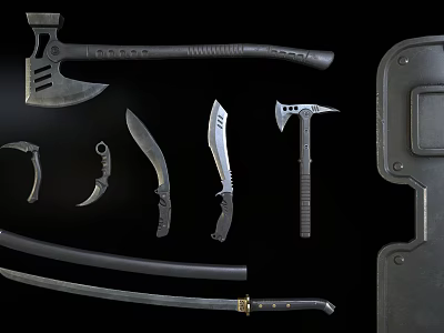 Weapons Set Including Axes Knives Sword Dagger With Tactical Design And Sheath 3d model