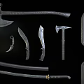 Weapons Set Including Axes Knives Sword Dagger With Tactical Design And Sheath 3d model