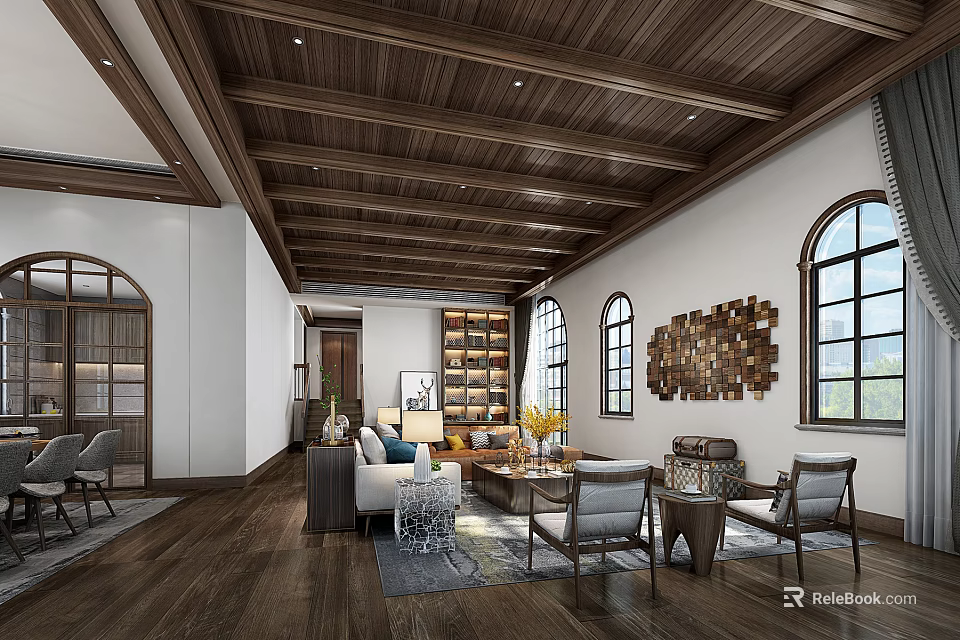 Cozy Modern Living Dining Room Interior With Wooden Ceiling Arched Windows And Decorative Wall Panel 3d model 