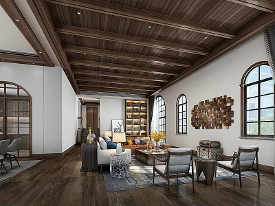 Cozy Modern Living Dining Room Interior With Wooden Ceiling Arched Windows And Decorative Wall Panel 3d model
