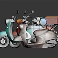 Three Colorful Delivery Scooters With Red Blue Gray Boxes On Black Reflective Surface