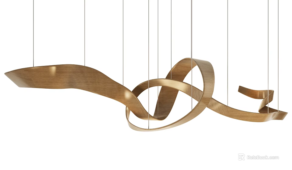 Modern Curved Brass Chandelier Featuring Flowing Metal Design And Hanging Cables 3d model 