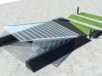 Modern Architectural Design with Glass Roof Black Frame and Green Lawn on Stone Pavement 3d model