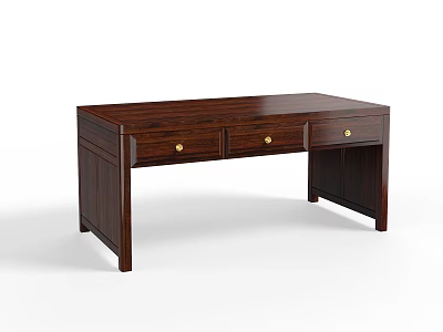 Dark Brown Wooden Desk With Three Drawers And Brass Knobs Design 3d model