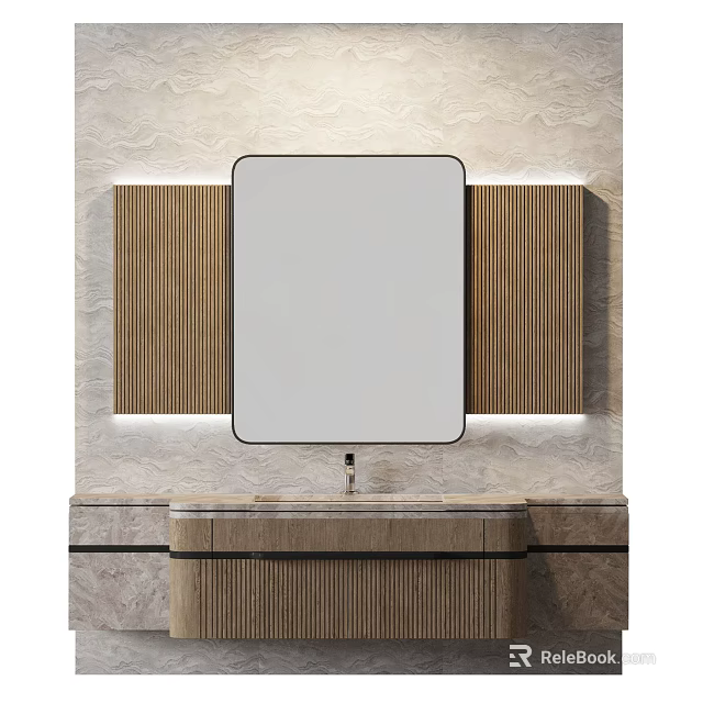 Modern Bathroom Washbasin With Rectangular Mirror Wooden Panels And Textured Wall 3d model