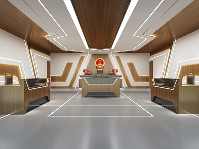 Modern Courtroom Interior With Wooden Ceiling Judge's Bench Symmetrical Counters And Red National Emblem 3d model