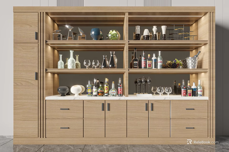 Modern Wooden Wine Cabinet With Multiple Shelves And Wine Bottles Glasses Decorative Items 3d model 