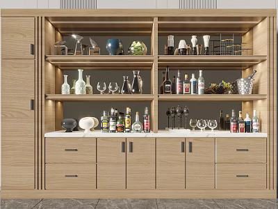 Modern Wooden Wine Cabinet With Multiple Shelves And Wine Bottles Glasses Decorative Items 3d model