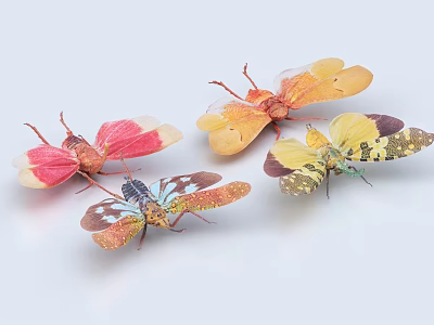 Four Colorful Flying Moths Displaying Red Yellow Blue And Patterned Wings On Light Background 3d model